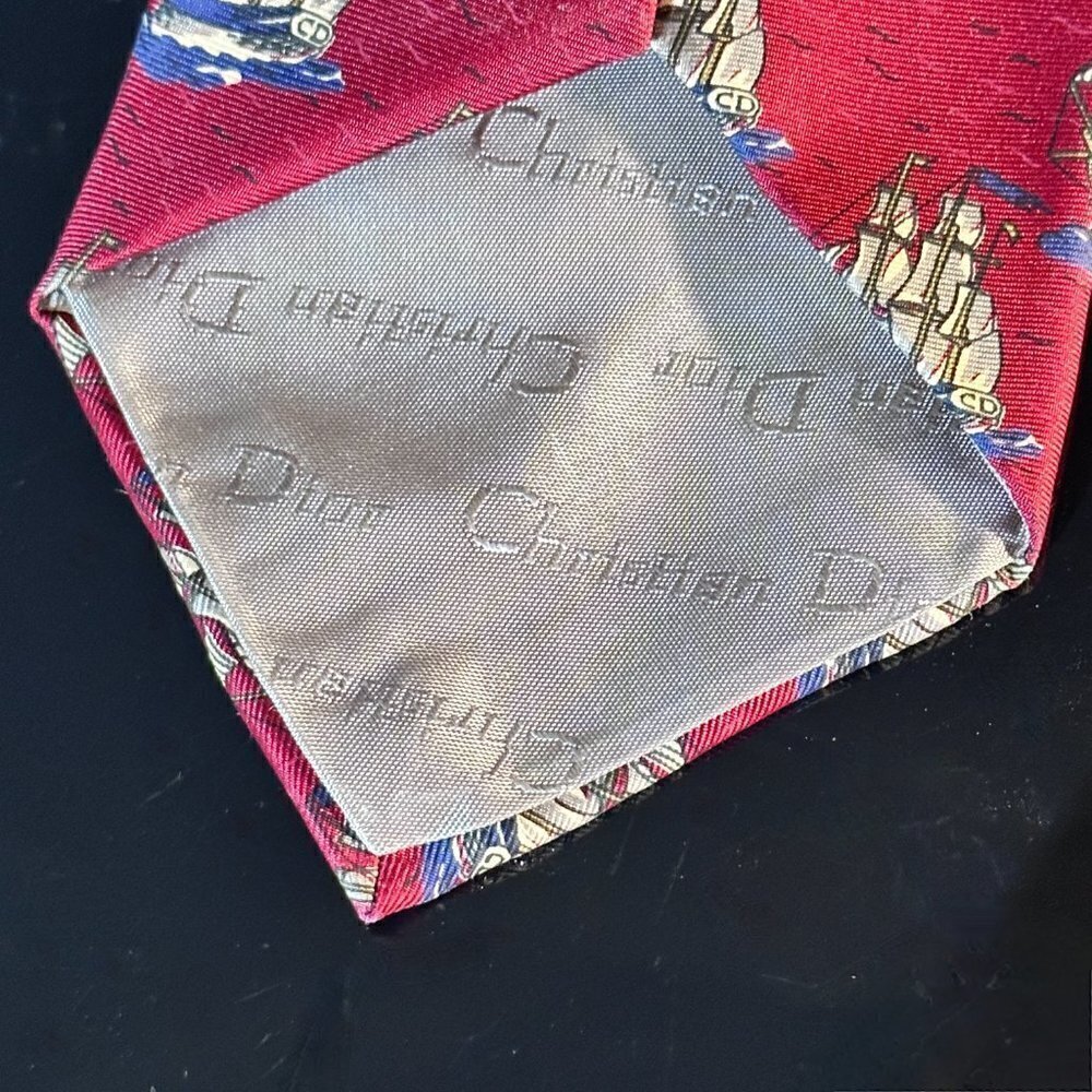 Dior Mid Century Modern Neckwear Tie 100% All Silk Red Sailboat Schooners Ship - Picture 4 of 8